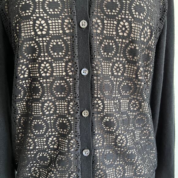 Banana Republic Lace Overlay Cardigan Sweater Black Nude Poly Wool Blend Medium - Picture 3 of 8